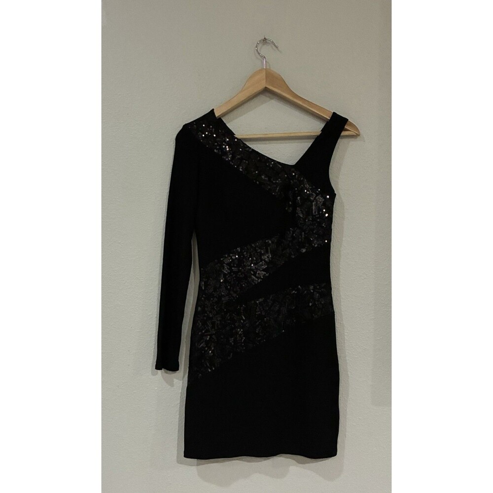 Laundry by Shelli Segal Y2K Womens Black Sequin One Sleeve Cocktail Mini Dress 0
